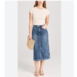 Faherty Stretch Terry Midi Denim Skirt Riverton Blue Front Slit Size 4